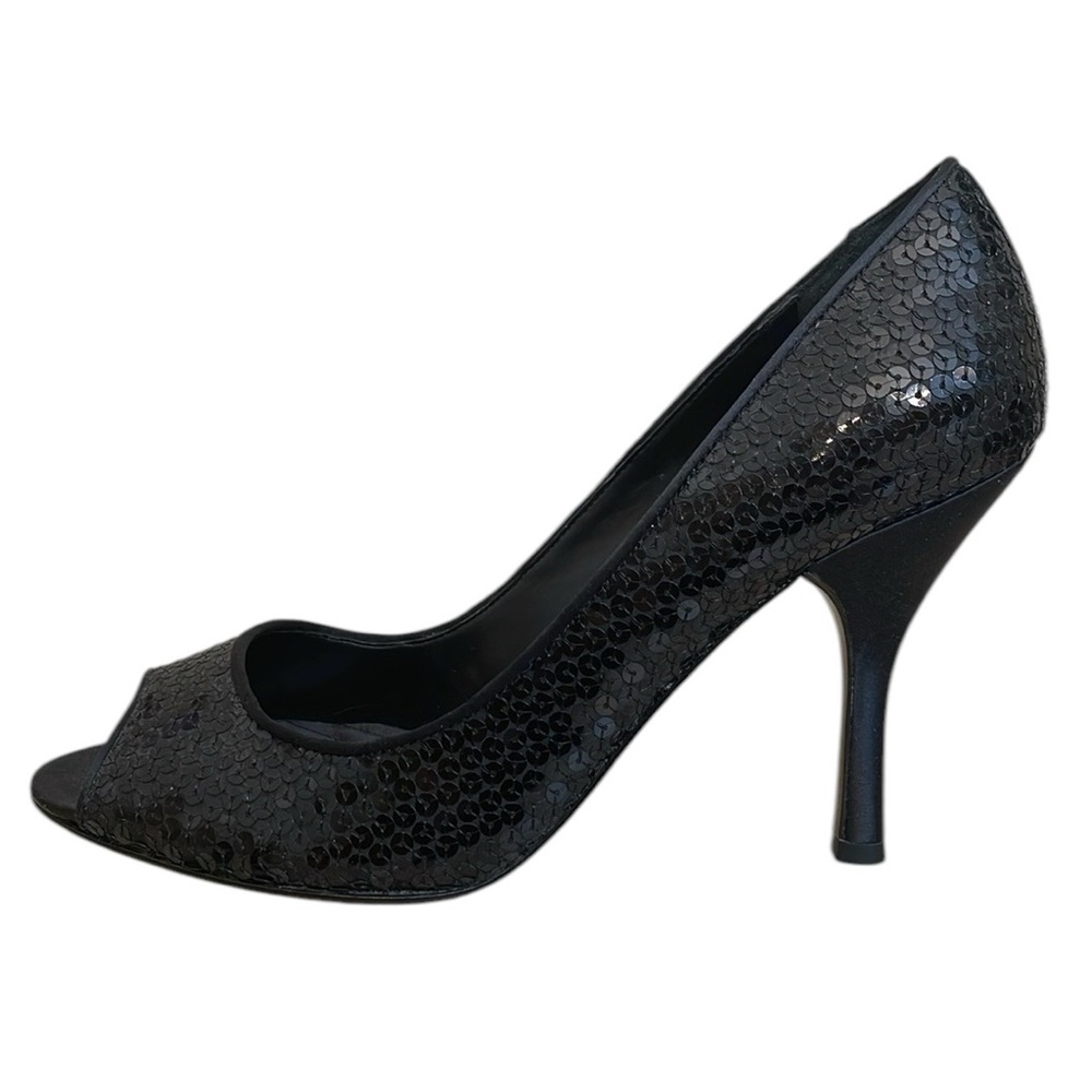 ENZO ANGIOLINI UEC Women’s Size 9.5 Black peep toe stiletto heel pumps sequins - Picture 1 of 12